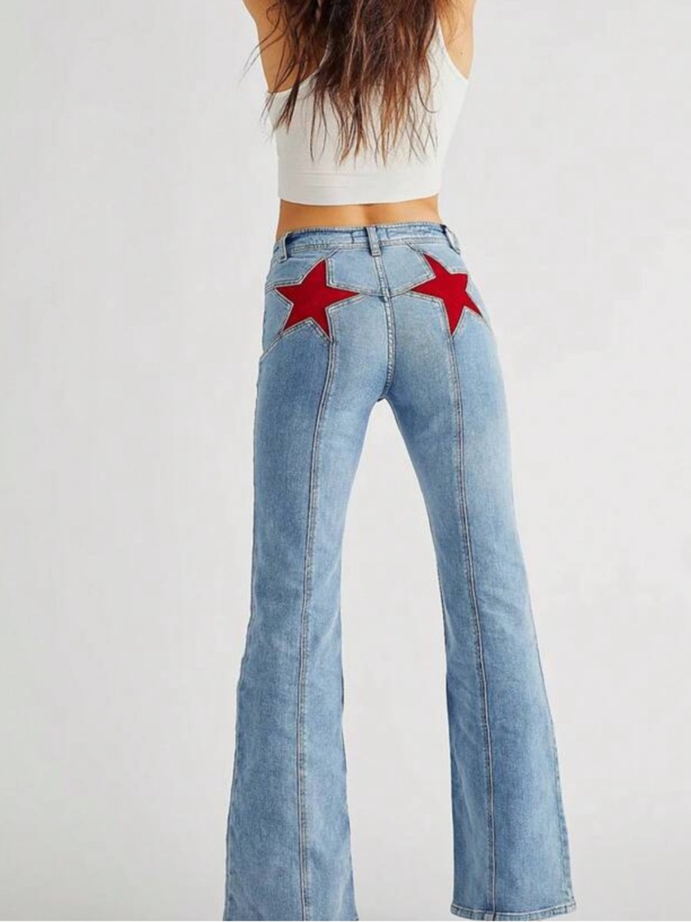 Women’s Light Blue High-Waist Jeans with Red Star Accent